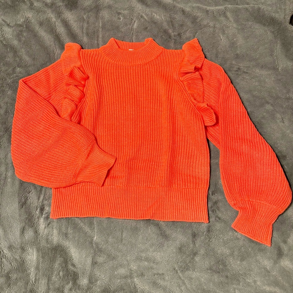 Coral (Orangey-Pink) Chunky Knit Sweater w/Ruffles and Balloon Sleeves - Large